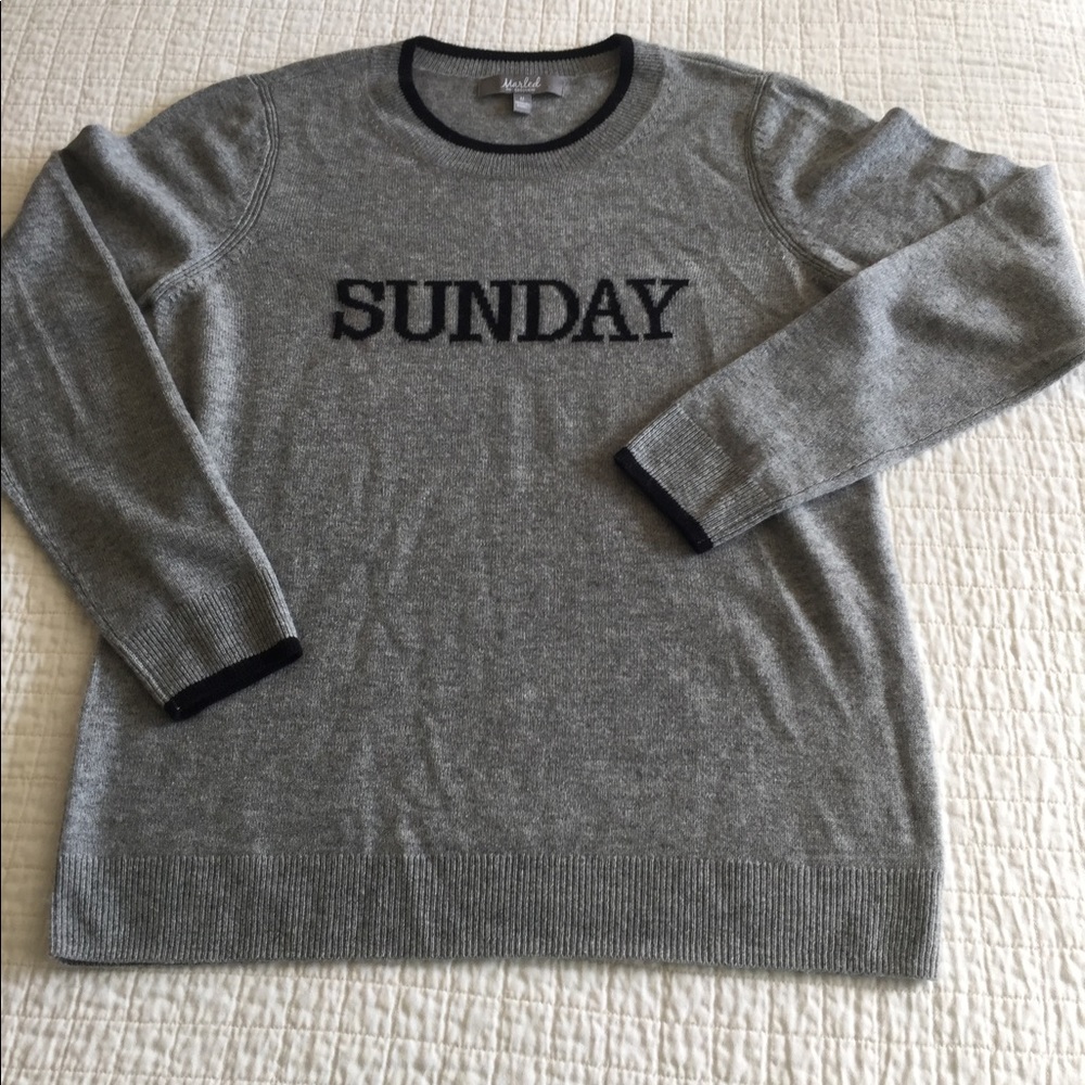 Like New Marled grey cashmere sweater w/Sunday written across chest - Picture 1 of 6